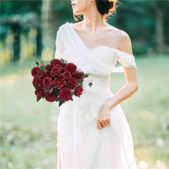 24 Heads Premium Artificial Flowers, Burgundy Silk Flower Peony Bouquets - Picture 6 of 6